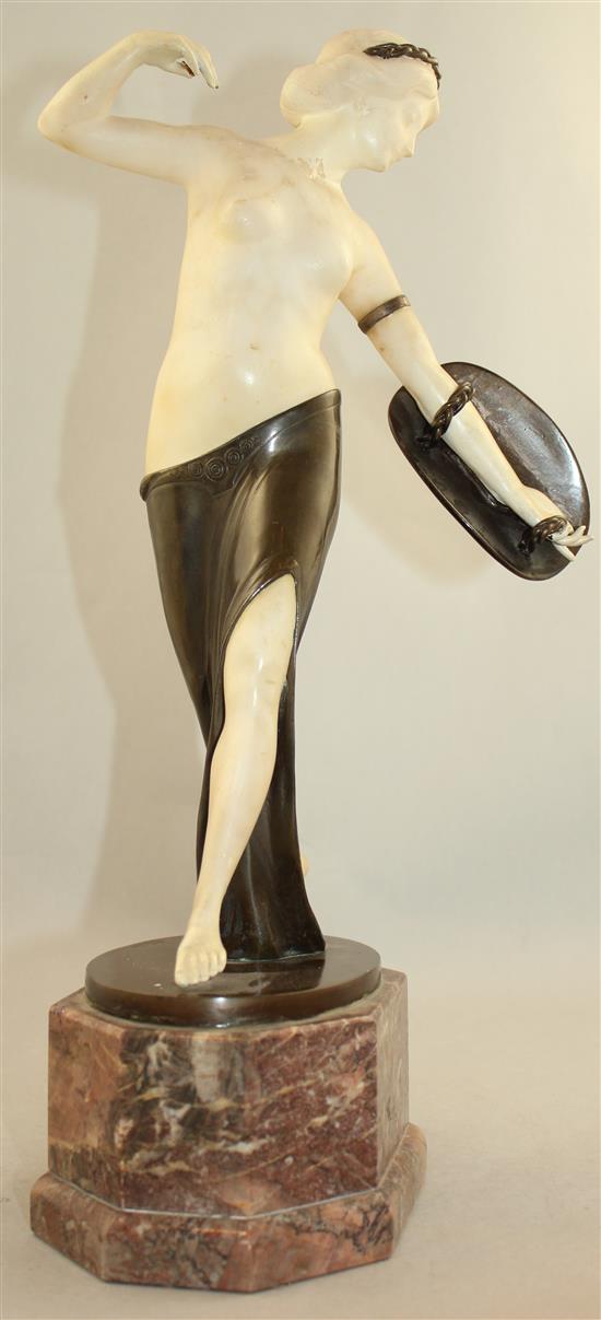 George Schrimpf (German, 1889-1938). An Art Deco alabaster and patinated bronze model of a scantily clad female, 16.75in., restored